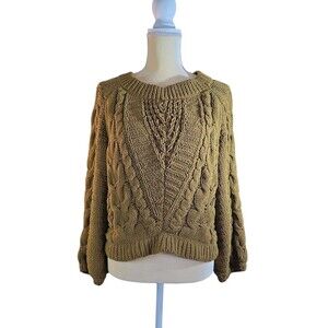 Express Chunky Cable Knit Sweater Mustard Green Oversized Boho Grandmacore SP